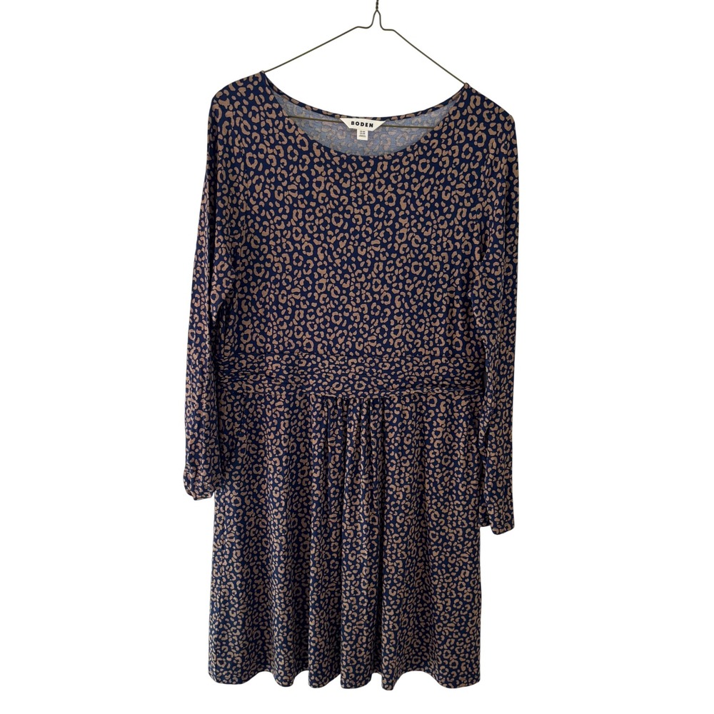Boden Abigail Dress Navy Leopard Print Long Sleeve Stretchy Jersey Size 14 US